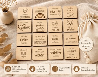 Affirmationskarten Kinder Holz | Achtsamkeitskarten für Kinder, Mutmacher Karten mit Name personalisiert, positive Ermutigung & Stärkung