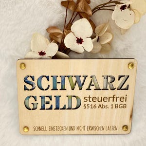 Geldgeschenk | Geschenkkarte SCHWARZGELD aus Holz, Wunscherfüller, Holzkarte für Geldscheine, Geschenk zum Geburtstag, Glückwunschkarte