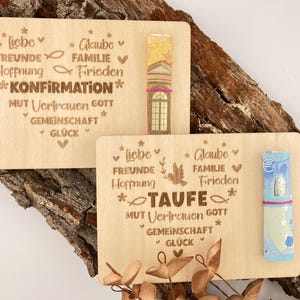 Geldgeschenk | Geschenkkarte Taufe Kommunion Konfirmation aus Holz, Wunscherfüller, Holzkarte für Geldscheine, Glückwunschkarte, mit Gravur