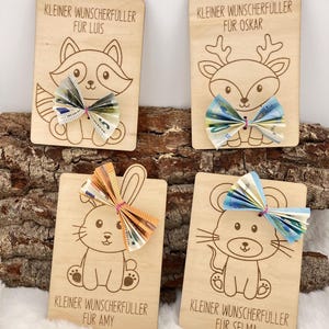 Geldgeschenk Kinder | personalisiert | Geschenkkarte TIERE aus Holz, Tiermotiv, Wunscherfüller, Holzkarte für Geldscheine, Geburtstag, Taufe