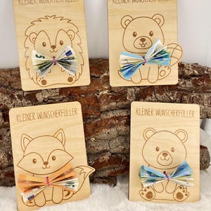 Geldgeschenk Kinder | personalisiert | Geschenkkarte TIERE aus Holz, Tiermotiv, Wunscherfüller, Holzkarte für Geldscheine, Geburtstag, Taufe