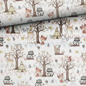 Meterware | "Waldfreunde", Waldtiere Bäume Waschbär Eule, Baumwolle Webware, 50cm