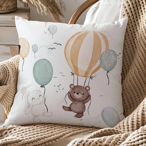 Baumwollstoff Panel Heißluftballon & Teddybär | Kinderstoff zum Nähen, Baumwoll-Webware Panel 38x38 cm, Patchwork Kissen Babydecke DIY
