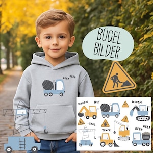 Könnte beinhalten: Hellgrauer Kapuzenpullover mit blauem Betonmischwagen-Motiv und dem Wort "BEEP" aufgedruckt. Das Bild zeigt auch bügelbare Transferbilder zum Thema Bau mit verschiedenen Fahrzeugen und Warnschildern. Der Text "BÜGEL BILDER" ist auch sichtbar.