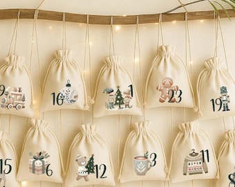 Adventskalender Stoffsäckchen – 24 Beutel mit Aquarell-Weihnachtsmotiven fertig bedruckt & wiederverwendbar | Adventsdeko für Kinder