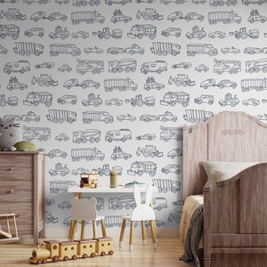 cars and trucks, nursery wallpaper, boys wallpaper, truck wallpaper, car wallpaper, tractor wallpaper, wall art, peel and stick wall art