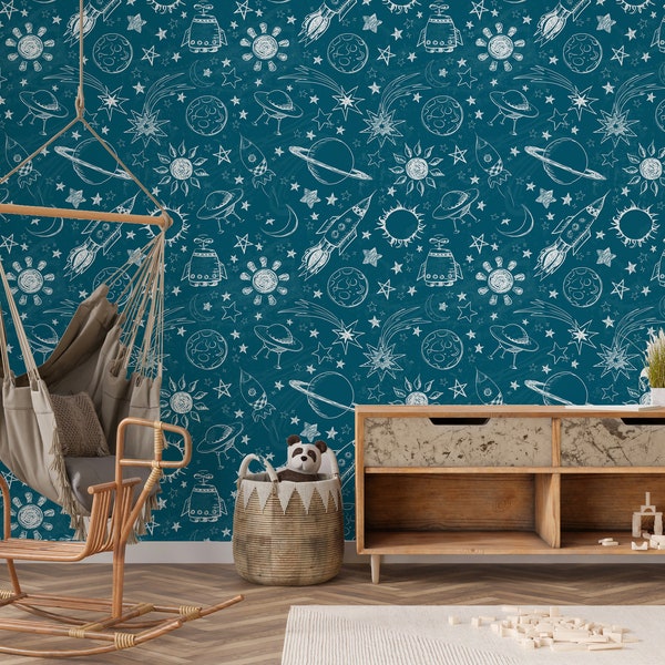 Galaxy wallpaper, Space nursery, Space wallpaper, boy nursery wallpaper, Outerspace room, wallpapers, UFO boys room, boy wallpaper, Easy DIY