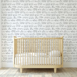 Gray cars and trucks removable peel and stick wallpaper Construction theme nursery Truck kids wallpaper Car theme boy wallpaper Dump trucks