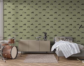 Construction Trucks Wallpaper, Boys Nursery Decor, Military Green Peel and Stick