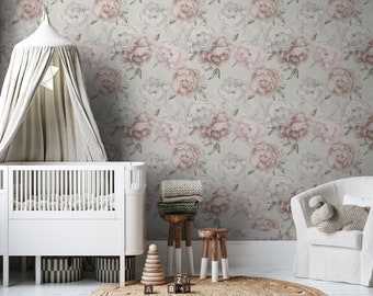 May include: A nursery room with a white crib, a canopy, and a white armchair. The walls are covered in a floral wallpaper with pink and white peonies.