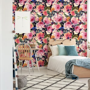 Rose print wallpaper, Watercolor Floral peel and stick wallpaper, wildberry wallpapers, Dark Floral, girl wallpaper, nursery rose wallpaper