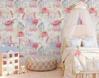 Watercolor Unicorn Wallpaper, Floral Nursery Decor (Peel and Stick)
