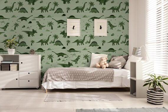 Dinosaur Wallpaper, Green Dino Print, Boys Nursery, Playroom Wallpaper