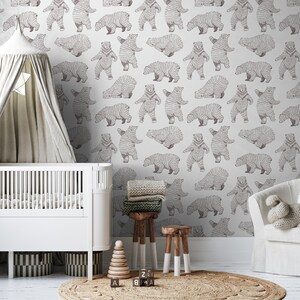 Bear wallpaper, kids wallpaper, Boys nursery wallpaper, black and white wallpaper, Gender neutral wallpaper, Wallpaper,wallpapers, Wall Art