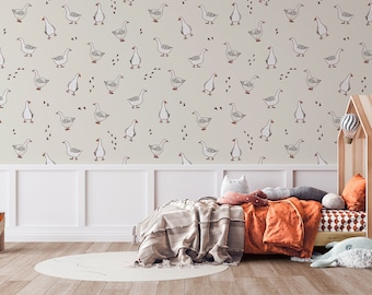 Goose Nursery Wallpaper, Neutral Farm Animal Print (Peel and Stick)