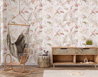 May include: A nursery room with a white wall featuring a pink flamingo and tropical leaf wallpaper. A wooden rocking horse, a hanging hammock, and a wooden shelf with a basket and a panda stuffed animal are in the room.