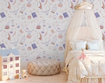 Girls Purple Wizard Wallpaper, Owls, Birdcages, Peel and Stick