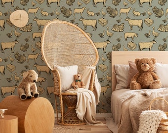 Farmhouse Animal Wallpaper, Rustic Nursery Peel and Stick