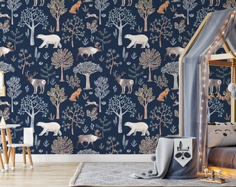 Woodland Animals Peel and Stick Wallpaper, Navy Nursery Decor