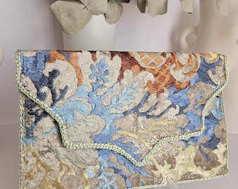 Beige and blue wedding clutch for women beige ceremony clutch floral wedding clutch flower pattern clutch Japan shoulder bag