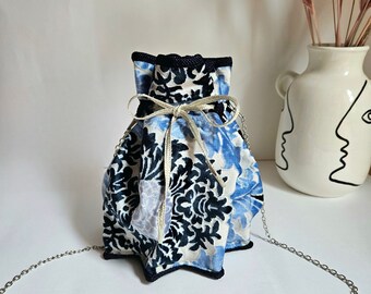 Blue floral purse bag with shoulder strap, upcycled fabric purse bag, flower pattern bucket bag, ceremony fabric bucket bag