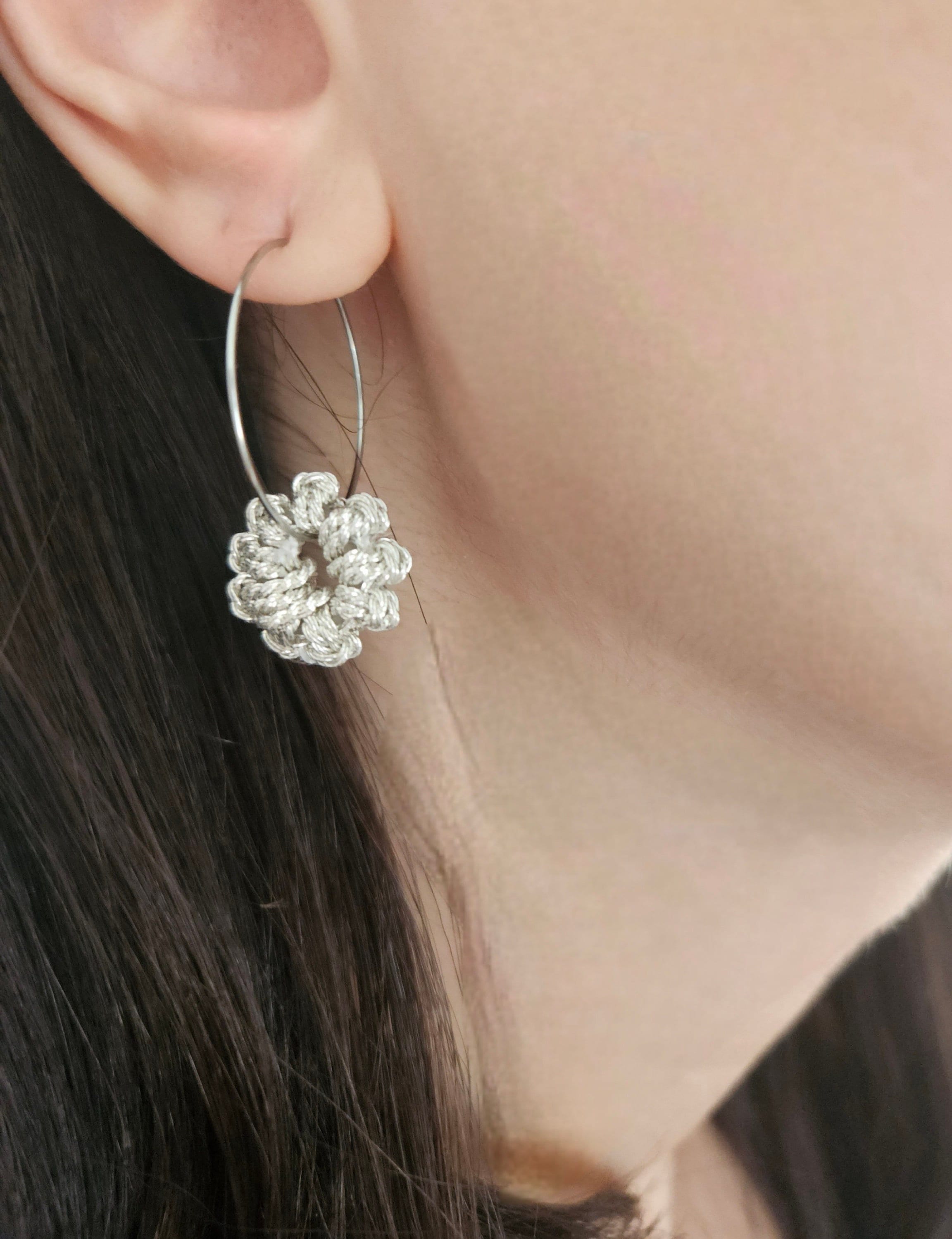 Silver hanging flower creole fine creole stainless steel fabric flower silver flower creole earring woven flower creole