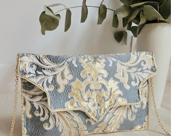 Gold and gray wedding clutch with shoulder strap, ideal for an evening or a ceremony, Mother's Day gift, mom or friend