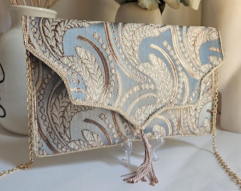 Blue wedding clutch bag, turquoise blue clutch bag, shoulder bag, blue ceremony bag, blue upcycled clutch bag, blue bronze evening clutch bag