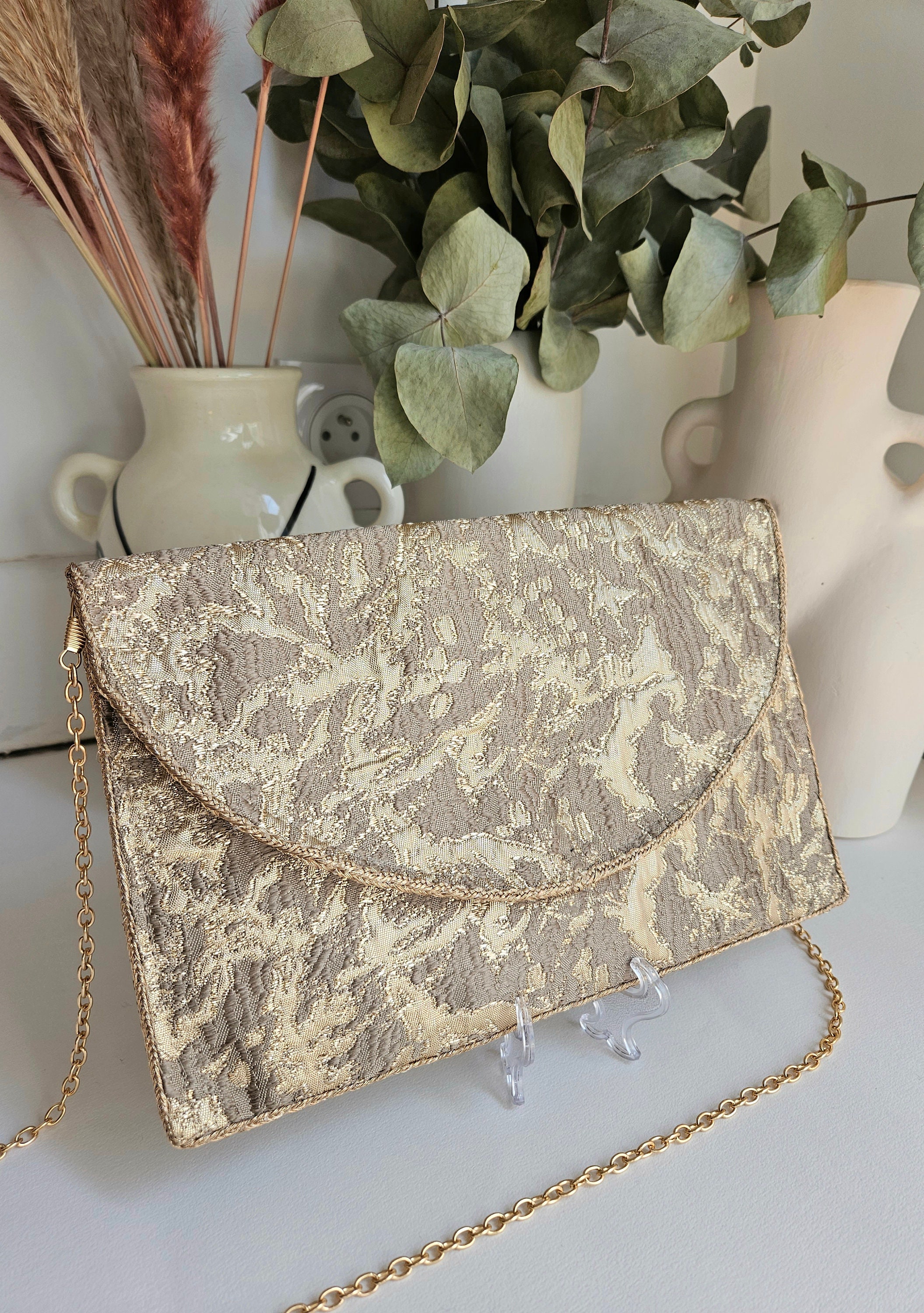 Gold and bronze wedding clutch with shoulder strap, ideal for an evening with friends or for a ceremony, gold and bronze clutch bag