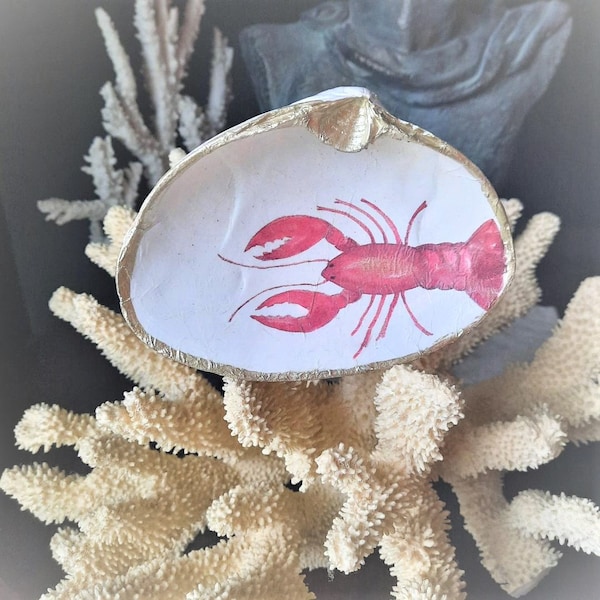 Clam Shell Art Jewelry Dish Gold Leaf Lobster