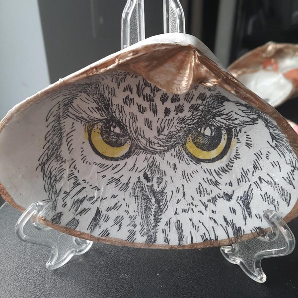 Clam Shell Art Owl Jewelry Dish Trinket Dish Decoupage