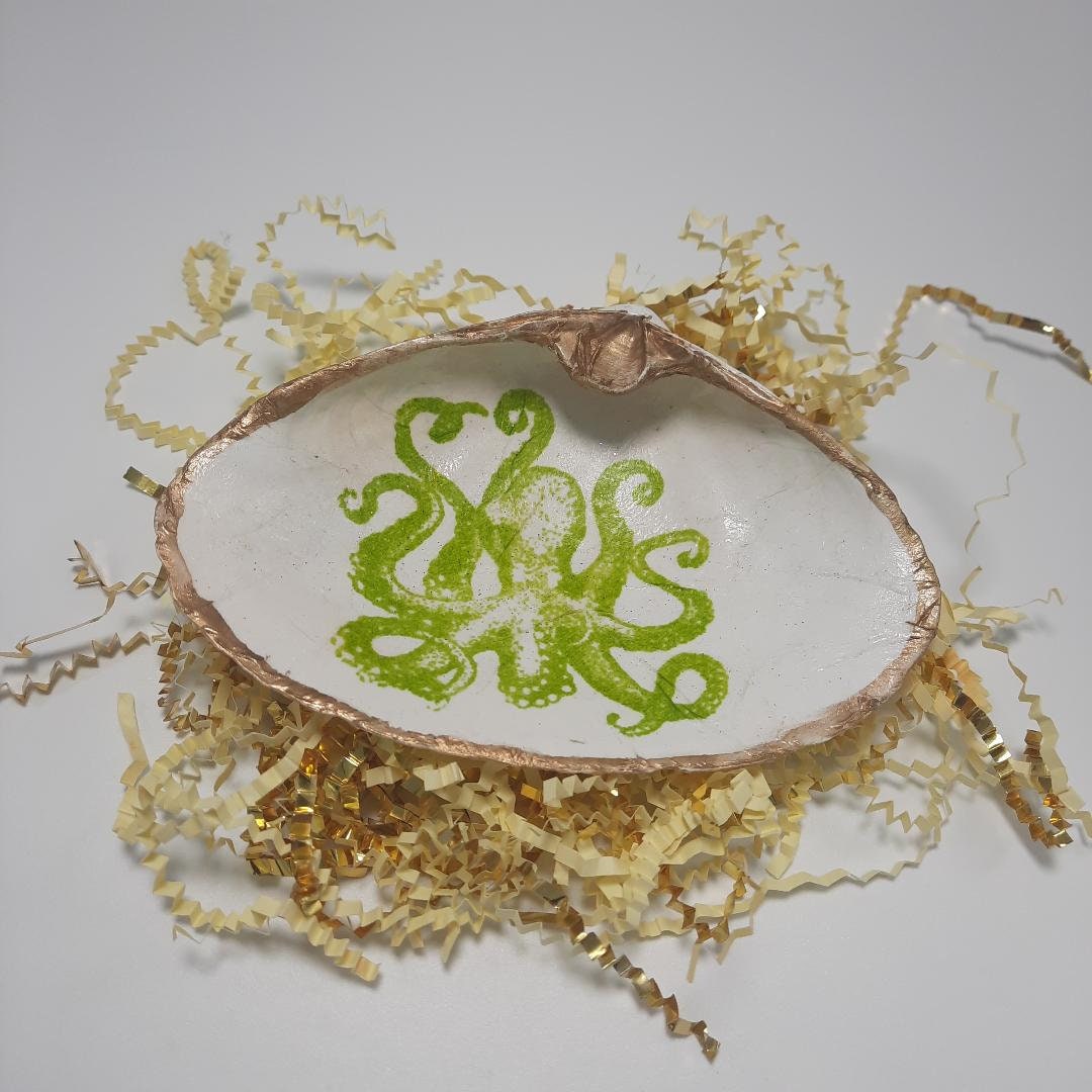 Clam Shell Art Octopus Jewelry Dish Trinket Dish Decoupage Gold Leaf - Etsy
