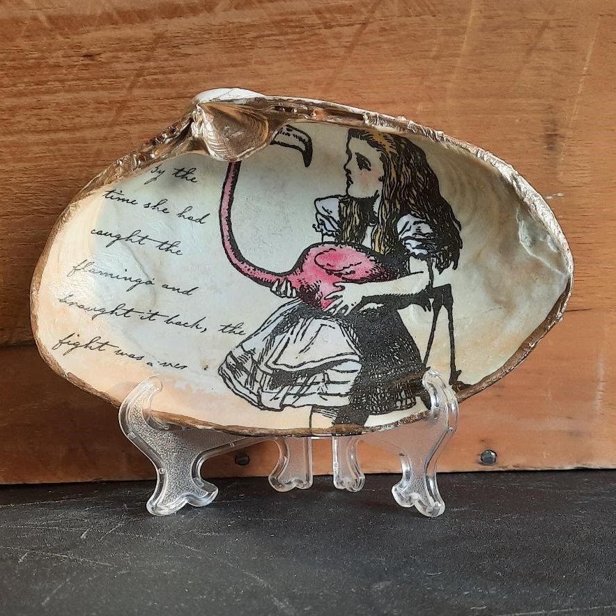 Clam Shell Art Alice in Wonderland Alice Holding Pink Flamingo Etsy