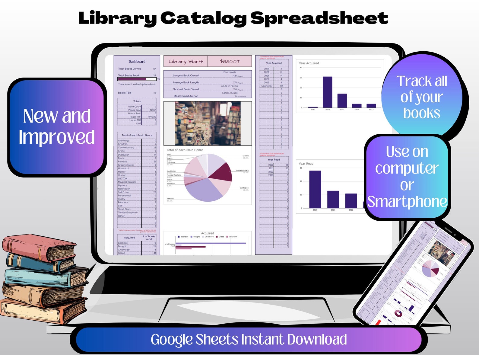 New!! Library Catalog Spreadsheet Personal Book Tracker Template