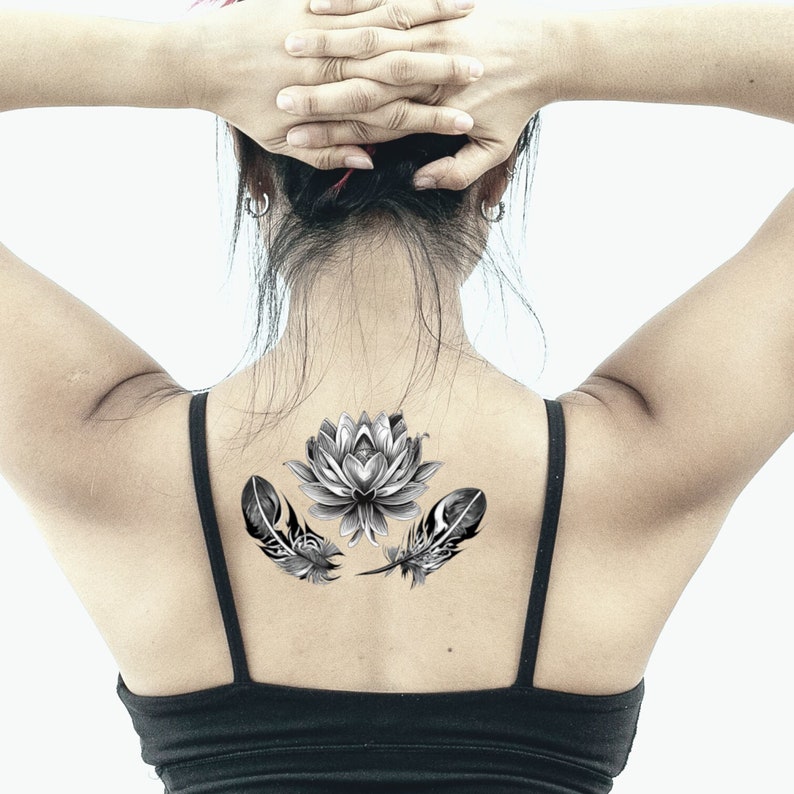 Lotus Flower Tattoo Design Stencil Feather Art Black and White Artwork ...