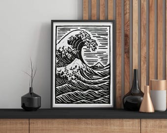 Wave Lino Print Art: Katsushika Hokusai Inspired