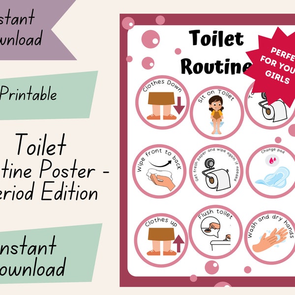 Period poster, Printable bathroom routine for girls, Toilet routine poster, Autism toilet routine resource, Personal hygiene poster