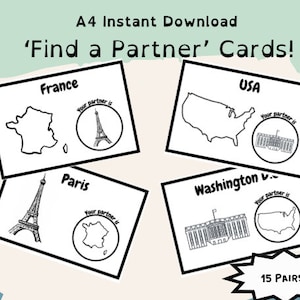Finde einen Partner Karten, Geographie Ressource, Geographie Klassenzimmer, Partnerarbeit, Hauptstädte, Klassenzimmer Ressource sofortiger Download
