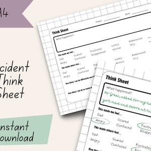 Op de afbeelding: Een zwart-witte, afdrukbare werkblaadje met de titel "Think Sheet" met een rasterpatroon. De werkblaadje is ontworpen om kinderen te helpen hun gevoelens en emoties te verwerken. Het bevat prompts zoals "Wat is er gebeurd?" en "Dit heeft me laten voelen..." met opties zoals "Zou", "Boos", "Bang", "Verward", "Gefrustreerd", "Teleurgesteld", "Eenzaam", "Angstig", "Schaamte" en "Dom".