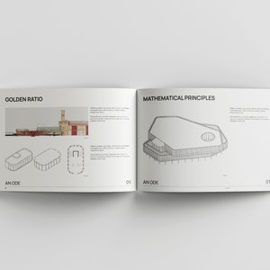 May include: A book open to a page titled "Golden Ratio" with a black and white illustration of a building and a page titled "Mathematical Principles" with a black and white illustration of a building. The text "An Ode" appears on both pages.