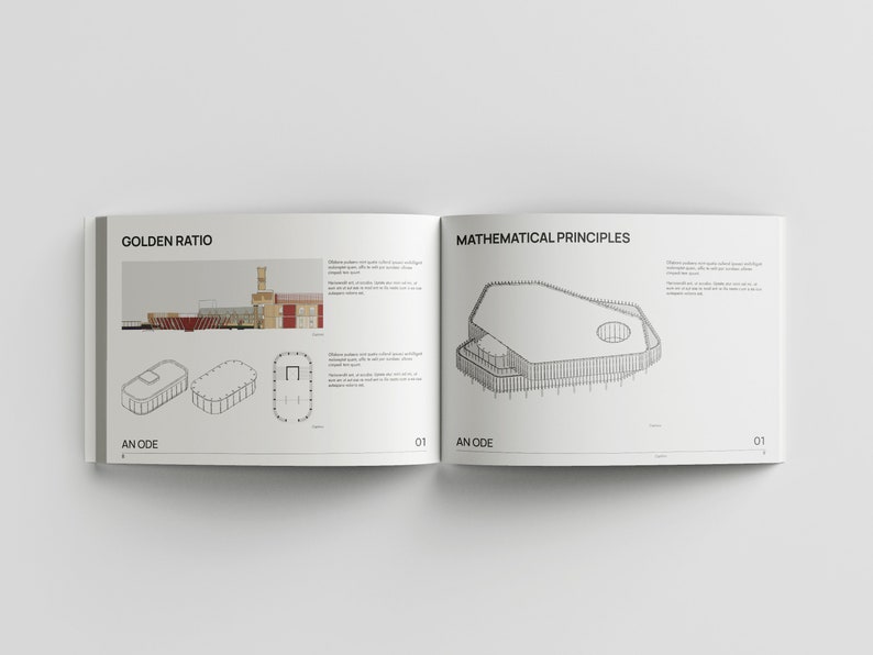 May include: A book open to a page titled "Golden Ratio" with a black and white illustration of a building and a page titled "Mathematical Principles" with a black and white illustration of a building. The text "An Ode" appears on both pages.