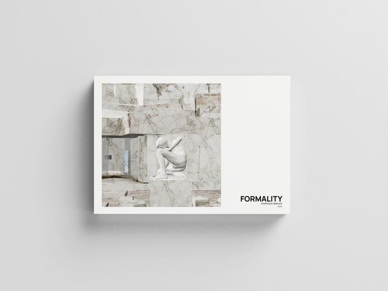 May include: A white sculpture of a person sitting with their head down, surrounded by a white marble structure. The image is titled "FORMALITY: A PORTFOLIO TEMPLATE".