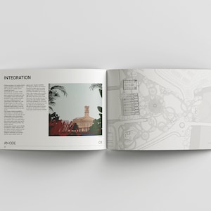 May include: An open book with a black and white illustration of a building and a garden plan. The text on the page reads "INTEGRATION" and "AN ODE".