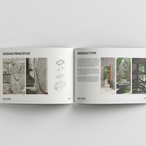 May include: A magazine spread with the title "Design Principles" and "Production". The left page features a photo of a concrete staircase and a line drawing of a building. The right page features a photo of a wooden door and a line drawing of a building.