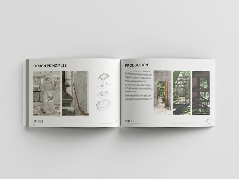 May include: A magazine spread with the title "Design Principles" and "Production". The left page features a photo of a concrete staircase and a line drawing of a building. The right page features a photo of a wooden door and a line drawing of a building.