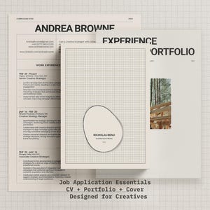 May include: A CV, portfolio, and cover letter set for creative professionals. The CV features a list of work experience. The portfolio cover has a grid pattern and an oval design. The text on the cover reads "NICHOLAS BENJI Architectural Works".