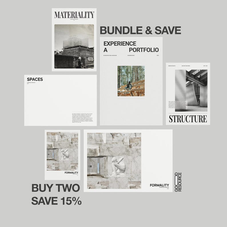 May include: A collection of architectural design documents and prints featuring the titles Materiality, Experience A Portfolio, Spaces, Structure, and Formality. The set includes black and white photography, text layouts, and marble textures with the text Bundle & Save and Buy Two Save 15% visible.