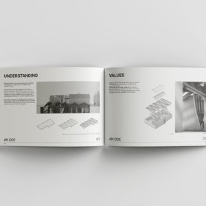May include: A black and white image of a building design with the text "UNDERSTANDING" and "VALUES" on the page. The image shows a 3D model of a building with a roof made of overlapping panels.