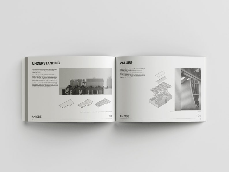 May include: A black and white image of a building design with the text "UNDERSTANDING" and "VALUES" on the page. The image shows a 3D model of a building with a roof made of overlapping panels.
