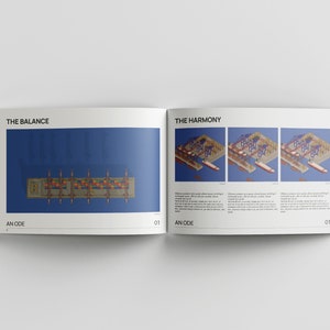 May include: A book with a blue background and the text "THE BALANCE" and "THE HARMONY" on the cover. The book features illustrations of a container ship and cranes in a harbor.